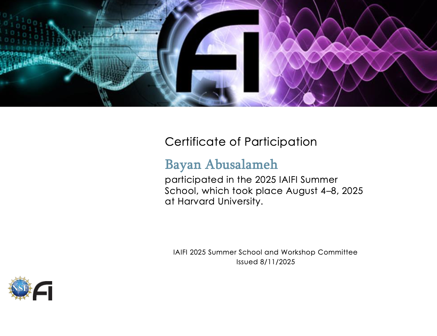 IAIFI 2025 Certificate of Participation — Bayan Abusalameh